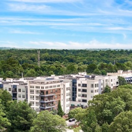 aerial view of a building surrounded by trees