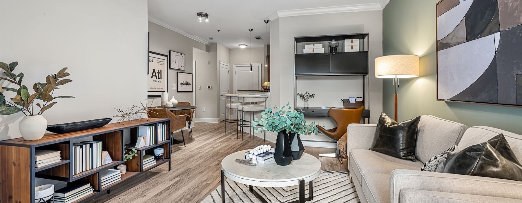 a living room with a wood floor
