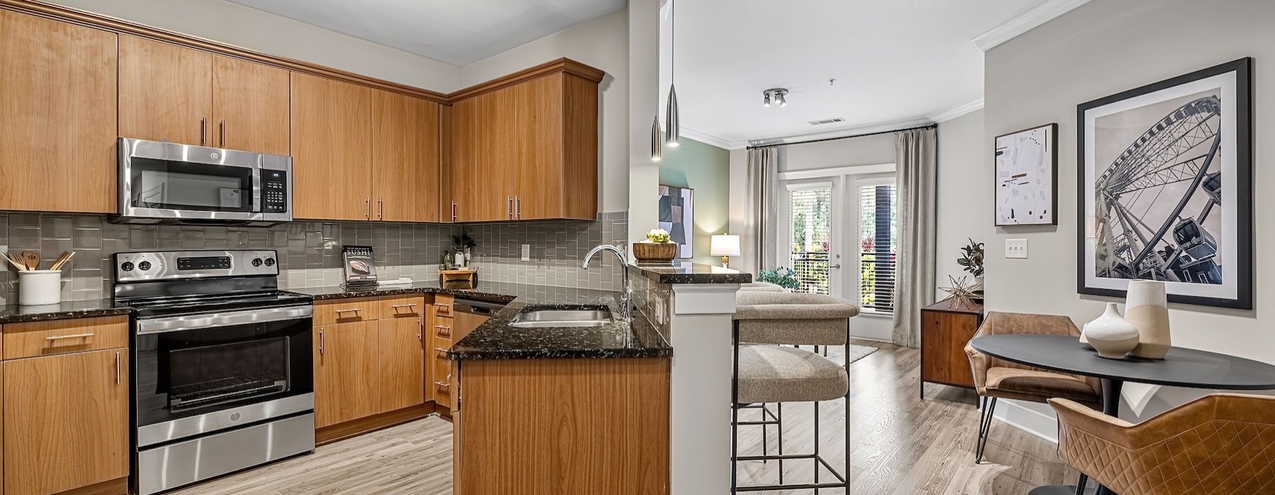 a kitchen with wooden cabinets